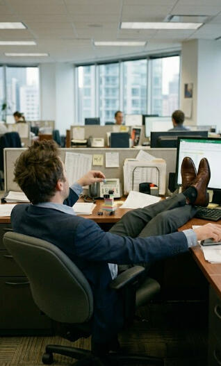 Image of man in an ill-fitting blazer at his desk not doing any work.